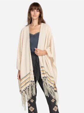 Biya Johnny Was Cream Embroidered Fringe Southwestern Poncho Cape Duster OS